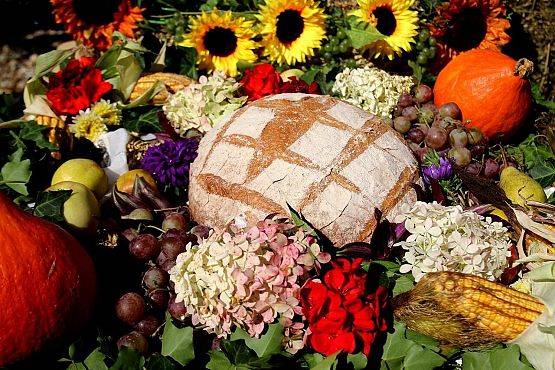 Bochenek chleba w otoczeniu kwiatów, ziół i warzyw. grafika